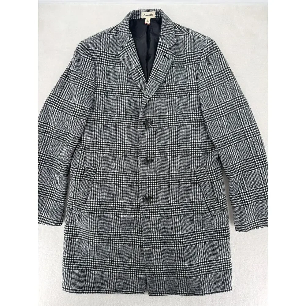 Nordstrom Open Edit Mens Glen Plaid Coat Black White Check Overcoat Large NWOT - Picture 1 of 11